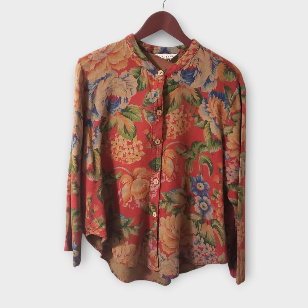 BUYKUD Womens Tapesty Floral Button Up Top Red Cotton Blend Boho Retro Boxy L